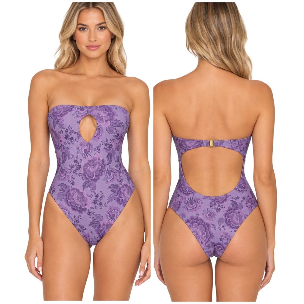 Farm Rio NWOT Sample Strapless Purple Floral Swimsuit Cutout Size S High Cut Leg
